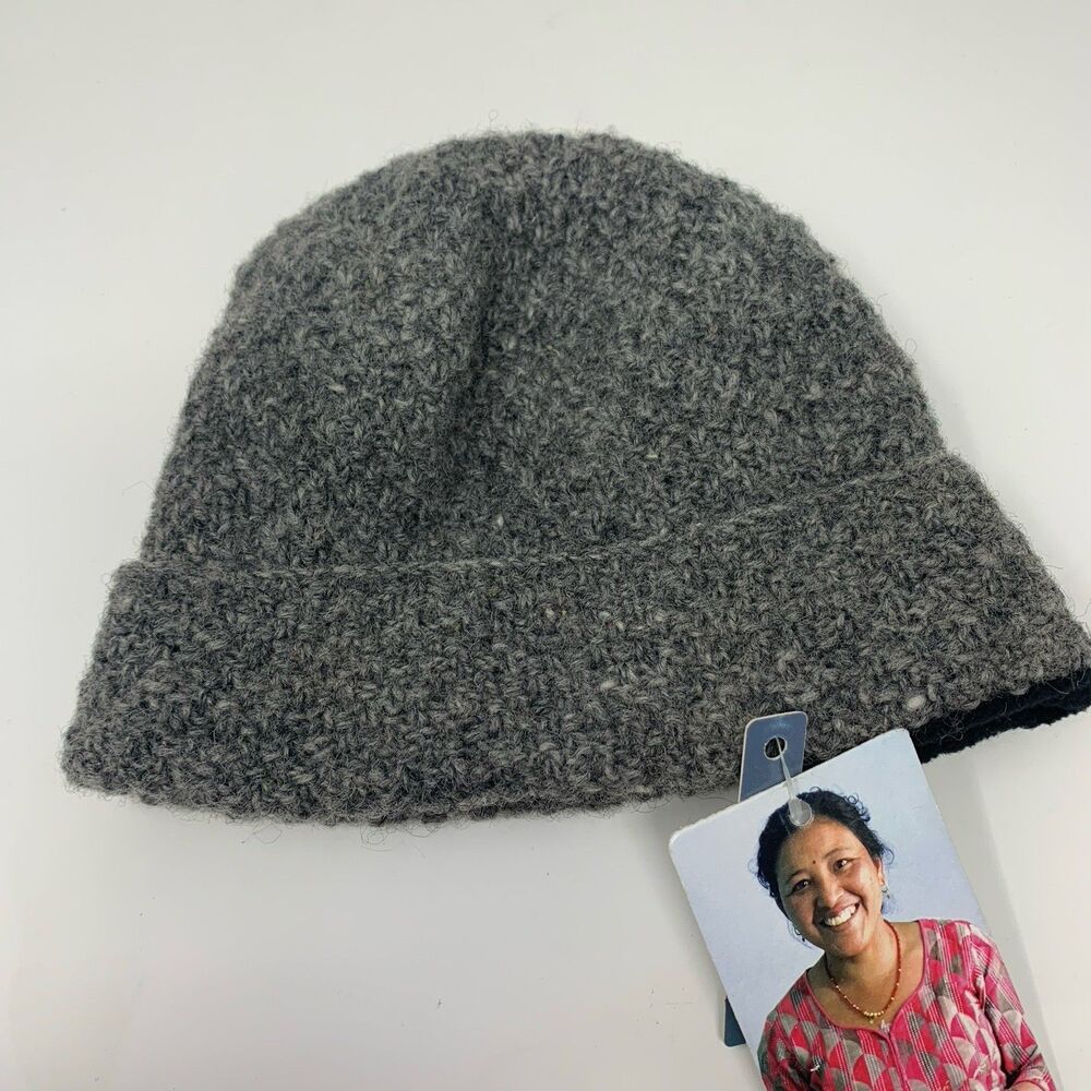 Feelgoodz Hat Gray Wool Knit Fleece Lined Handmade Nepal Artisan Beanie